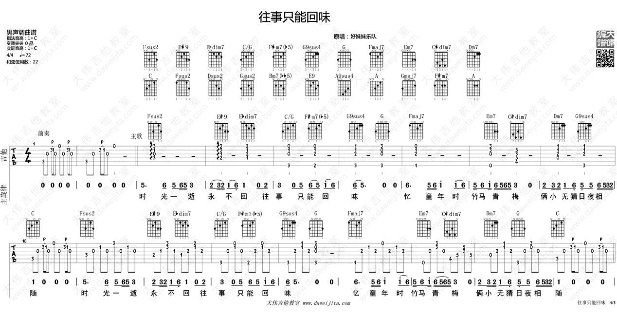 好妹妹乐队《往事只能回味》吉他谱
